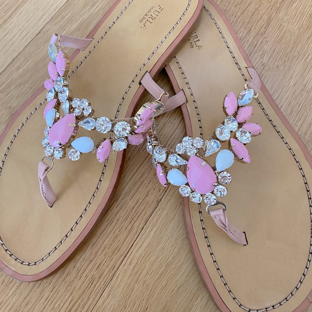 US 7 Furla sandals with pink and white gemstones and rhinestones